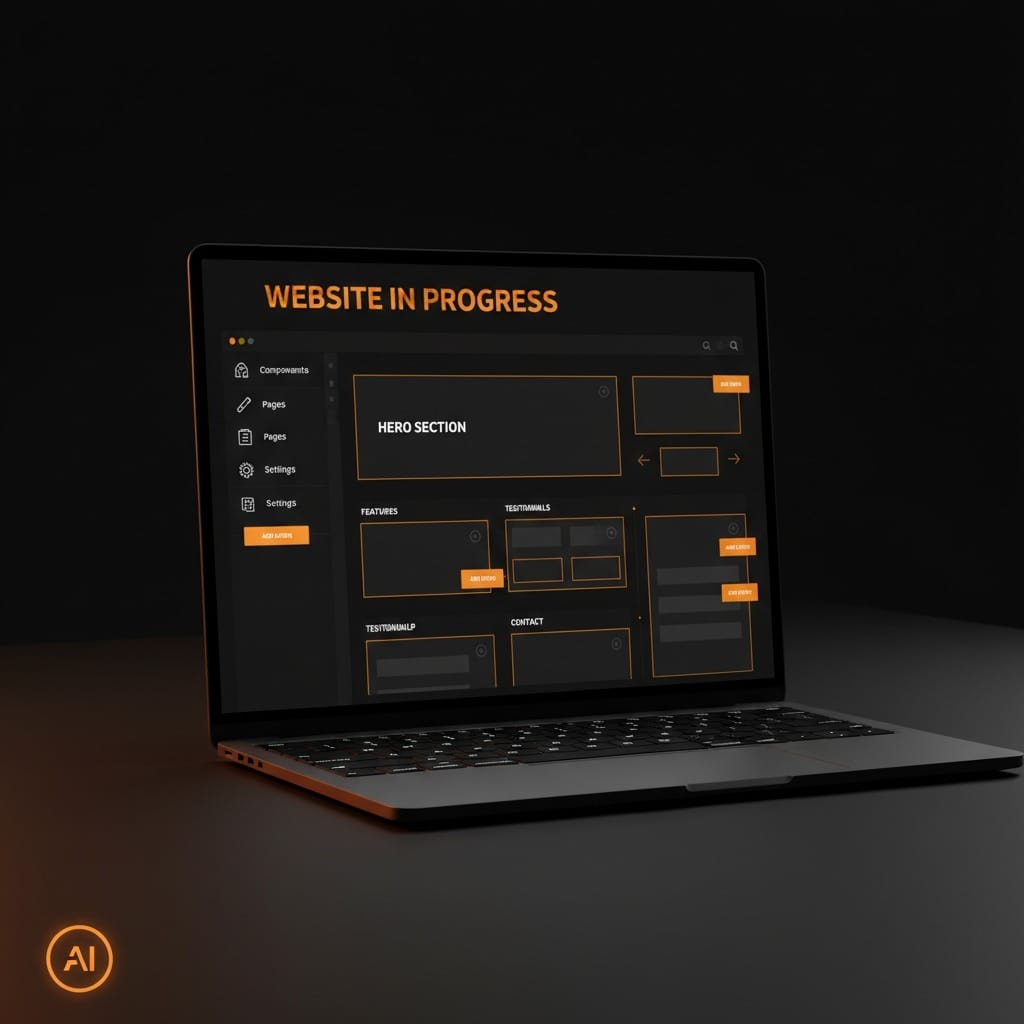 Ilustración de un ordenador portátil mostrando la creación de una página web gratis en un editor online, con fondo oscuro y detalles en naranja